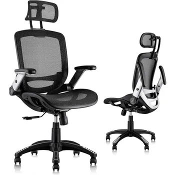 GABRYLLY ergonomiška tinklinė biuro kėdė, aukšto atlošo stalo kėdė - reguliuojama galvos atrama su atverčiamomis rankomis, pakreipimo funkcija,