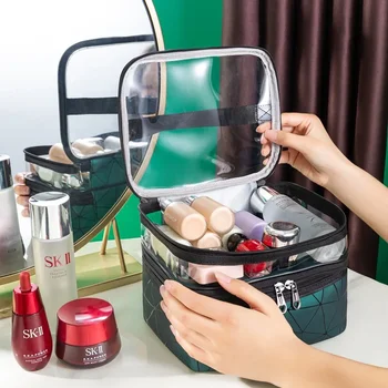 Genna naujas PU kosmetikos krepšys, rombo nešiojamas kosmetikos laikymo krepšys, kelioninių tualeto reikmenų krepšys, PVC dvisluoksnis permatomas krepšys