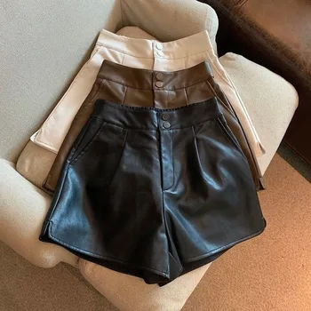 Girl Chic Fashion Side Pockets Black Faux Leather Shorts Vintage High Waist Zipper Fly Female Short Pants Mujer PU Y2k Sexy