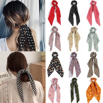 Girls Print Satin Long Ribbon Hair Bands Hair Accessories Fashion Elastic Bow Ponytail Scarf Hair Tie Women Scrunchies Headband