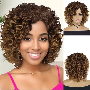 GNIMEGIL Trumpas Afro Kinky Garbanotas Perukas Sintetinis Ombre rudas šviesiaplaukis Perukas moterims Šoninė dalis Bobo perukai Karščiui atsparūs natūralūs plaukai
