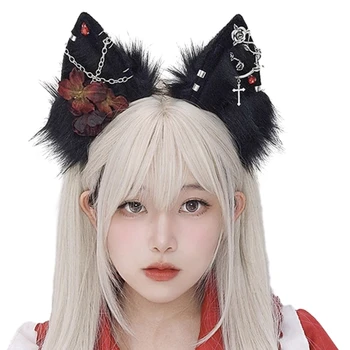 gotikiniai anime teminiai susibūrimai Vilko ausies galvos juosta su gėlių filmų entuziastais Pliušinė katės galvos juosta paaugliams suaugusiems