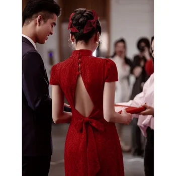 Grace Nėriniai Qipao Moteriška vakarinė suknelė be nugaros Seksualios nėrinių kinų stiliaus suknelės Big Bow Cheongsam nuotakos banketinė suknelė Vestidos