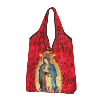 Gvadalupės Mergelė Marija su gėlėmis Bakalėjos pirkinių krepšys Pirkėjas Tote Pečių krepšys Didelės talpos nešiojama katalikiška rankinė