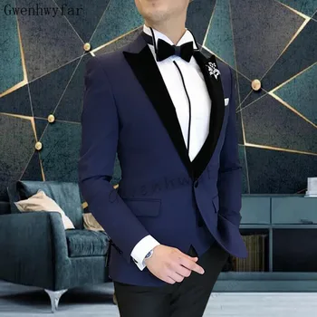 Gwenhwyfar 2023 Geriausiai parduodami karinio jūrų laivyno mėlyni kostiumai Peaked Lapel Custom Made Wedding Tuxedos Slim Fit Vyriški kostiumai (švarkas + liemenė + kelnės)