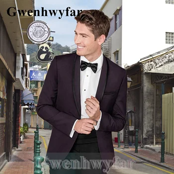 Gwenhwyfar Individualizuotas vyriškas Burgundijos skara Apykaklės Jaunikio kostiumas Kelnės Slim Fit Vyriški smokingo kostiumai vestuvėms Prom Geriausias vyriškas kostiumas