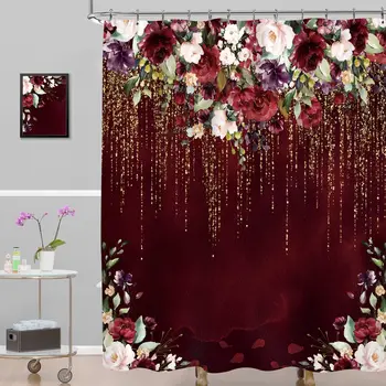Gėlių dušo užuolaida Gana raudona gėlė Burgundija vonios kambario vintažiniam dekorui,kabliukai