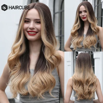 HAIRCUBE Ilgi rudi Ombre nėriniai priekyje Sintetiniai perukai Natūralūs banguoti perukai moterims Daily Cosplay vakarėlis Karščiui atsparūs pluošto perukai