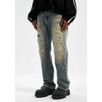 High Street Wash To Make Old Torn Patches Wasteland Style Pants Retro Avant-Garde Straight Leg Baggy Jeans For Men