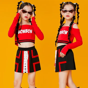 Hip Hop Šokių apranga mergaitėms nuo pečių sijonas Šiuolaikinio džiazo šokių drabužiai Kpop apranga Vaikų festivalio apranga DL10071