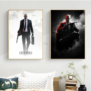 Hitman žaidimas Juodai baltas plakatas ir atspaudai plikas žudikas kostiumo drobės meno sienų tapyba svetainės dekoro paveikslams