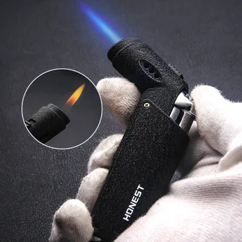 HONEST Fashion Adjustable Double Fire Gas Lighter Windproof Blue Flame Open Fire All-in-one Mini nešiojamas metalinis turbinos degiklis