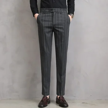 Icool 2024 Spring New Men's Striped Casual Business Pants Handsome Boy Small Straight Slim Kelnės Mada