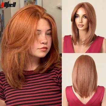 Imbieras Rudas tiesus perukas su kirpčiukais moterims Trumpas sintetinis raudonas rudas varinis pečių ilgio perukas Karščiui atsparūs kasdieniai plaukai