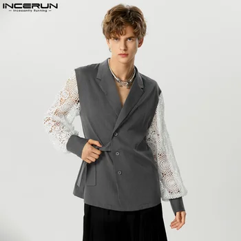 INCERUN Tops 2023 Amerikietiško stiliaus dailūs vyriški nėriniai Tuščiaviduriai sandūriniai dirželiai Dizaino kostiumas Casual Party Hot Sale Suit Striukės S-5XL