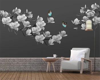 Individualizuota tapetų freska HD rankomis dažyta nespalvota magnolijos gėlė drugelio fonas sienų apdaila freska 3D tapetai