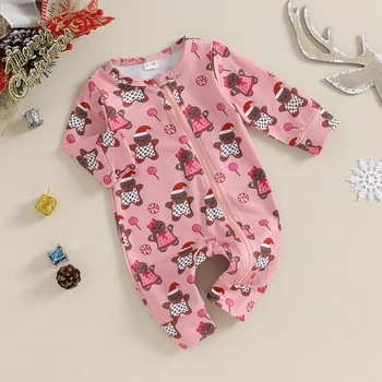 Infant Baby Girl Boy Kalėdinė apranga ilgomis rankovėmis Crewneck Romper Meduolių užtrauktukas Jumpsuit drabužiai