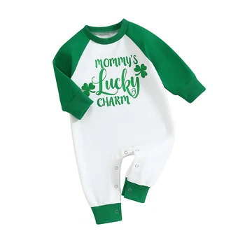 Infant Baby Girl Boy St Patricks Day Apranga Lucky Charm Shamrock Romper ilgomis rankovėmis Crewneck kombinezono drabužiai