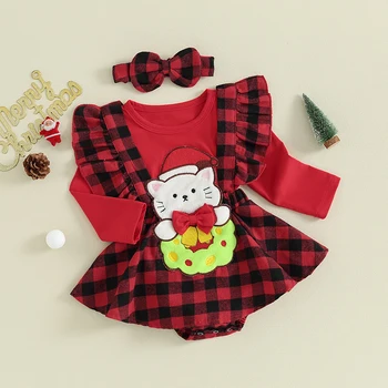 Infant Baby Girls Christmas Romper Dress Plaid Cartoon Print Ilgomis rankovėmis Peteliškės sijonas Hem Jumpbiits Galvos juosta