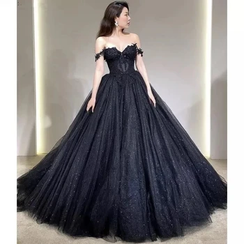 Iridescent A-Line Elegant Sparkly Black Applique Lace Up Vakarinės suknelės Moteriškos suknelės BlingBling Party Vestido De Noite