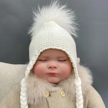 JANEFUR Tikras meškėno kailis Pom Pom Hat Kid Megztas nėrimas Beanie Vaikai didmeninė prekyba minkšta šilta žieminė bombonešio kepurė