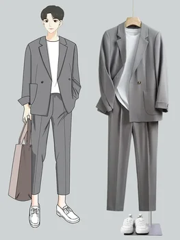 japoniškas laisvalaikio kostiumo komplektas, vyriškas laisvas korėjietiškos versijos kostiumo švarkas, vienspalvis laisvas prigludimas prie madingų vyriškų drabužių