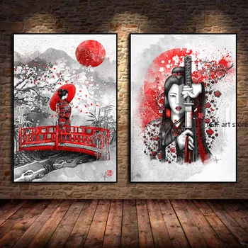 Japonų samurajus Geiša Kendo Arklio drobė Tapyba Kimono plakatai Atspaudai Modernus Zen rašalo sienų meno paveikslėlių kambarys Namų dekoras