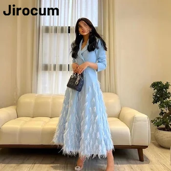 Jirocum Sky Blue V Neck Prom chalatai Moteriškos A linijos mygtuko vakarinė suknelė Kulkšnis ilga plunksna Saudo Arabijos 2024 oficiali proga suknelė