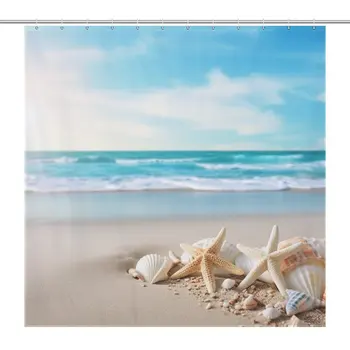 Jūrų žvaigždės Jūros kriauklių raštas Dušo užuolaida Paplūdimio vonios kambarys Atsparus vandeniui 12vnt Kabliukai Unikalus pajūrio dekoras Ryškūs vaizdai