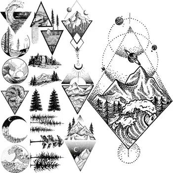 Kalnų jūros banga Laikinos tatuiruotės moterims Vyrai Realistiškas medis Miškas Mėnulis Kalnas Geometrinis netikras tatuiruotės lipdukas Ranka Tatoos