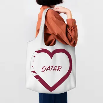 Kataro vėliava širdyje Aš myliu savo šalį Ženklas Bakalėjos prekės Pirkinių krepšiai Drobė Pirkėjas Pečių krepšiai Talpa Patvarios rankinės