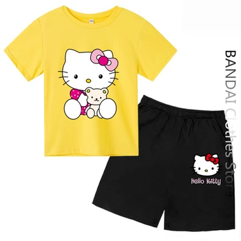 Kawaii Hello Kitty Tshirt Rinkinys Animacinis filmas Trumpomis rankovėmis Berniukai Mergaitės Harajuku marškinėliai Vaikiški marškinėliai Juokingos moterys Tops Vaikų drabužiai