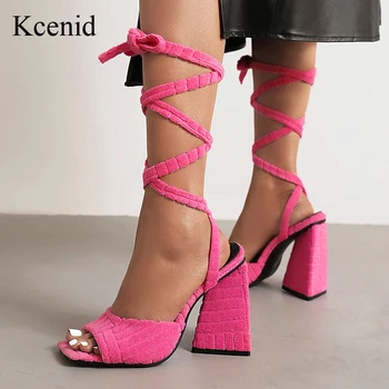 Kcenid Summer Women Sandals Ladies Shoes Ankle Cross-Strap Square Toe Lace Up Elegant Female Shoes High Heels Party Pumps