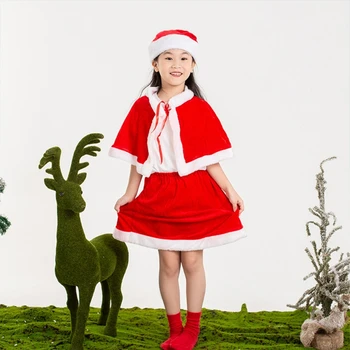 Kid Adult Red Velvet Christmas Santa Cape kostiumas Miss Santa Fur Collar Trumpas apsiaustas Skara su Xmas Hat Red Hooded dropship
