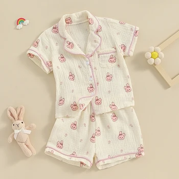 Kids Girls Velykinės pižamos Triušio atspaudas Marškiniai trumpomis rankovėmis ir šortai Miego drabužių komplektai