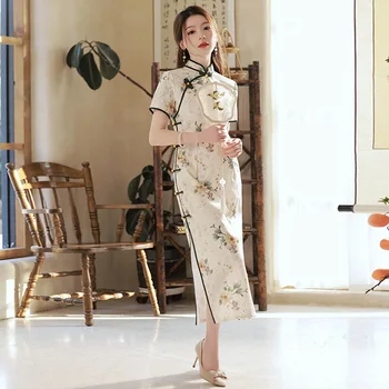 kinų elegantiškas gėlių atspaudas Qipao vasarinė trumpomis rankovėmis plona Cheongsam vakarėlio pasirodymo suknelė