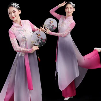 kinų klasikinis Jangko šokio drabužis Moteris Nacionalinė liaudies šokių apranga Rytietiškos elegancijos gerbėjų skėčio šokio kostiumas Hanfu drabužiai