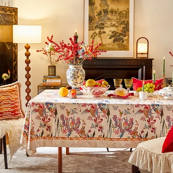 Kinų staltiesė Drakonas ir Feniksas Neperšlampama staltiesė Raudona Naujųjų metų stalo audinys Kavos staliuko dangtelio audinys Namų dekoravimas