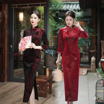 kinų vintažinis mandarinų apykaklės veliūras Qipao suknelė Ruduo žiema Tradicinis aksomas ilgas Cheongsam Didelis dydis 5XL