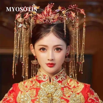 kinų vintažinės vestuvės Phoenix nuotakos plaukų karūna Senovinis kutas Xiuhe kostiumas Hanfu vestuviniai galvos apdangalai Priedai
