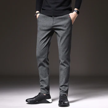 Korea Slim Fit Stretch Grey Blue Black Kelnės Vyras 38 Prekės ženklas Žiema Naujas šlifuotas audinys Laisvalaikio kelnės Vyrai Stora verslo mada