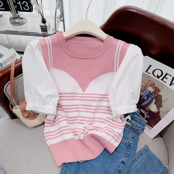 Korėjietiški netikri dviejų dalių dryžuoti megztinio marškinėliai Moteriškas pūstomis rankovėmis megztas megztinis 2023 m. vasaros mados prašmatnus trikotažas Pull Femme