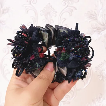 Korėjietiško stiliaus nėriniai Didelė galva Gėlių guminė juosta Storosios žarnos plaukų juosta Updo plaukų virvė Plaukų tamprės Mergaičių daiktai