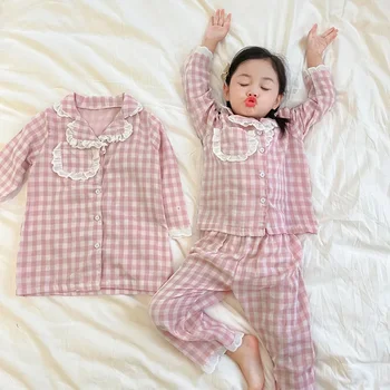 Korėjos mergaičių pižamos 2024 Pavasario rudens drabužiai Vaikų mergaičių pledas Nėrinių raukinys Namų kostiumo komplektas Miego sijonas ilgomis rankovėmis