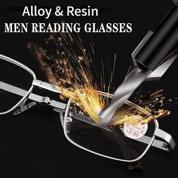 Kvadratiniai anti-rūko anti-įbrėžimų krištolo skaitymo akiniai vyrams Presbiopiniai akiniai su stiklo lęšiais Metaliniai hiperopijos akiniai+3.5