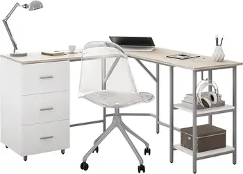 L formos stalas - dviejų tonų kompiuterio stalas su stalčiais ir laikymo lentynomis, paprastais moderniais baldais ir namų biuro patalpų kampiniu stalu