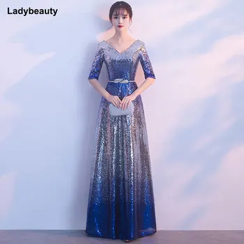Ladybeauty Nauja vakarinė suknelė Long V-Neck Women Elegant Sequin A-Lin Party Gown