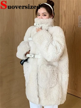 Lambwool Pliušinės žieminės striukės Korėjietiškas sutirštinti šiltas chaquetas stovas Apykaklė moteriški paltai oversized 85kg odiniai sagų paltai