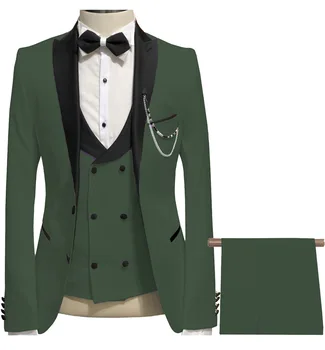 Lansboter žalias vyriškas kostiumas 3 vnt su juodu atlapu plonas prigludimas verslo oficialių vestuvių profesionali laisvalaikio striukė liemenė ir kelnės