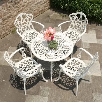 Lauko liejimo aliuminio stalai ir kėdės Kiemo sodas Viešbutis Urniture Terasa Kombinuotas laisvalaikis Metalinis apvalus terasos stalas